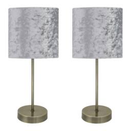 First Choice Lighting Set of 2 Antique Brass Stick Table Lamps with Grey Velvet Shades in Bronze