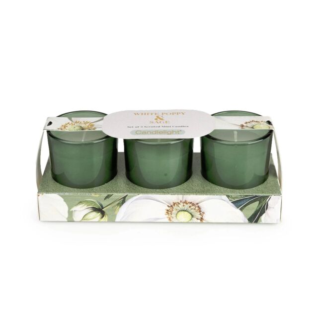 Candlelight Set of 3 Mini Votive Candles White Poppy & Sage in Green