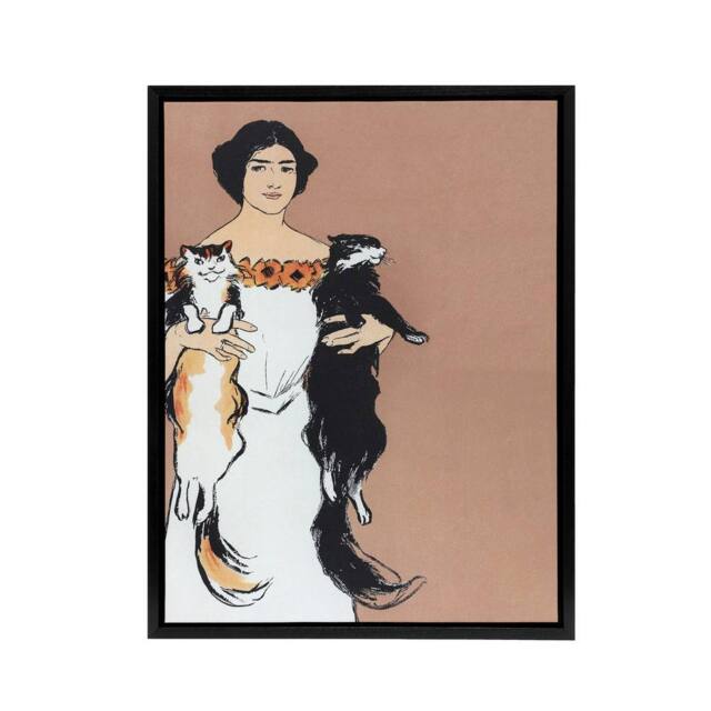 "Artery8 Woman Holding Two Cats Drawing Framed Canvas Wall Art Print Penfield in Pink - Size: W12"" x H16""" - image 1