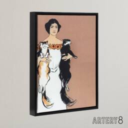 "Artery8 Woman Holding Two Cats Drawing Framed Canvas Wall Art Print Penfield in Pink - Size: W12"" x H16""" - thumbnail 2