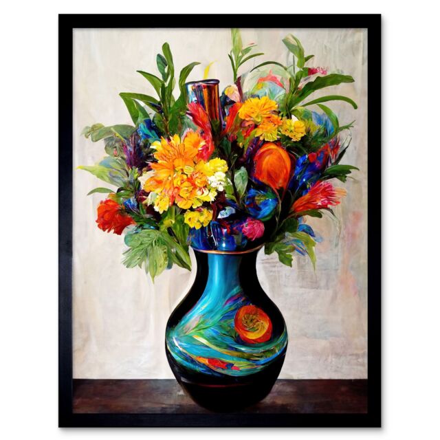 "Artery8 Wall Art Print Boldly Coloured Flower Bouquet In Decorative Vase Art Framed in Black - Size: W12"" x H16""" - image 1