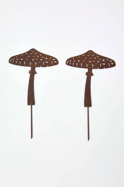 Homescapes Steel Parasol Mushroom Garden Stake Decorations, Set of 2 in Brown - image 1