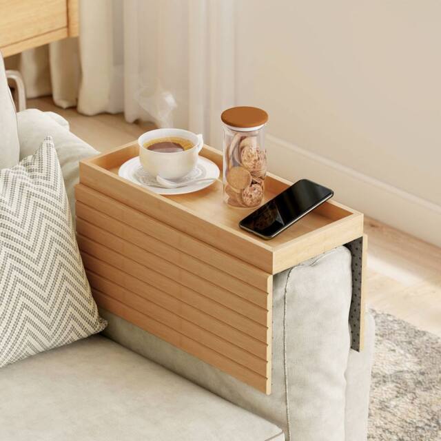 HOMCOM Bamboo Sofa Arm Tray, Foldable Anti-Slip Armrest Tray for Drinks in Natural - image 1