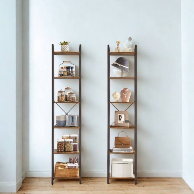 Pirlo Plush Industrial 6 Tier Tall Narrow Bookcase Shelves Rustic Brown - image 1