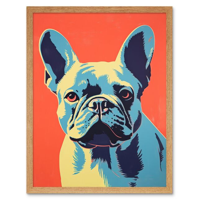 "Artery8 Wall Art Print French Bulldog Colour Block Artwork Coral Orange Blue Vibrant Pet Portrait Cute Art Framed in Light Oak - Size: W12"" x H16""" - image 1