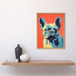 "Artery8 Wall Art Print French Bulldog Colour Block Artwork Coral Orange Blue Vibrant Pet Portrait Cute Art Framed in Light Oak - Size: W12"" x H16""" - thumbnail 2
