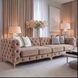 Sofaya Monaco Chesterfield 4 Seater Sofa Couch Velvet Cushions Chaise in Light Brown - Size: 4 Person - thumbnail 1