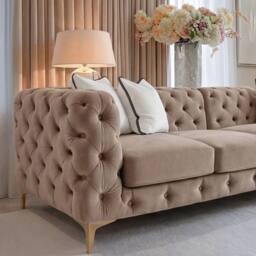 Sofaya Monaco Chesterfield 4 Seater Sofa Couch Velvet Cushions Chaise in Light Brown - Size: 4 Person - thumbnail 3