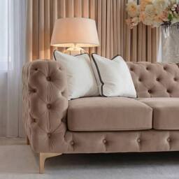 Sofaya Monaco Chesterfield 4 Seater Sofa Couch Velvet Cushions Chaise in Light Brown - Size: 4 Person - thumbnail 4