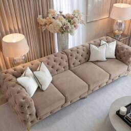 Sofaya Monaco Chesterfield 4 Seater Sofa Couch Velvet Cushions Chaise in Light Brown - Size: 4 Person - thumbnail 2