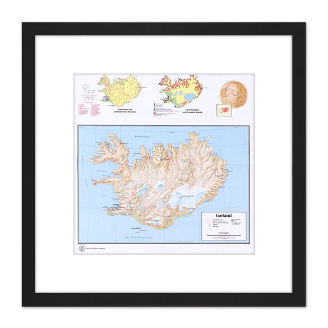 Artery8 Map Political Cia 1973 Iceland Information Old Reproduction 8X8 Inch Square Wooden Framed Wall Art Print Picture with Mount in Black - image 1