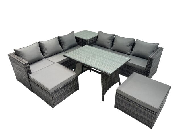 Fimous Garden Rattan Furniture Set 8 Seater with Side Table Stools Dark Grey - image 1