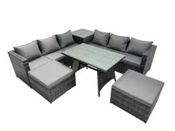 Fimous Garden Rattan Furniture Set 8 Seater with Side Table Stools Dark Grey - thumbnail 1