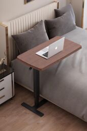 Living and Home Height Adjustable Mobile Table Overbed Desk with Wheels in Walnut - thumbnail 1