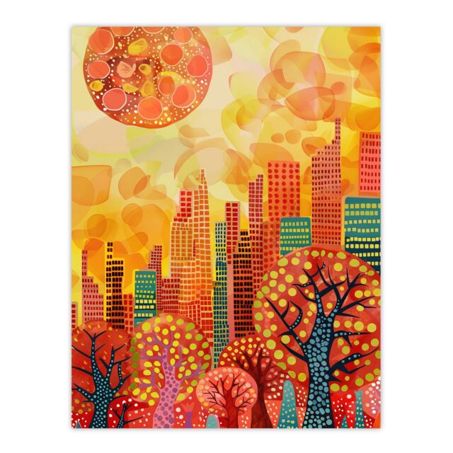 "Artery8 Autumn Sunset in Central Park Painting NYC Wall Art Print in Orange - Size: W24"" x H32""" - image 1