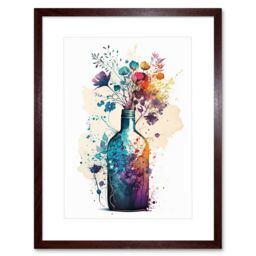 "Artery8 Wall Art Print Wildflower Spring Bouquet in Glass Wine Bottle Artwork Framed 9X7 Inch in Brown - Size: W7"" x H9""" - thumbnail 1