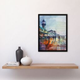 Artery8 Evening Promenade Walk Watercolour Painting Framed Art Print in Blue - Size: A4 - thumbnail 4