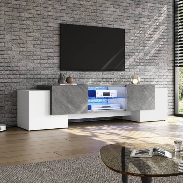 BTM LED TV Stand with 4 Doors & Open Storage, White & Grey - image 1