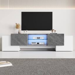 BTM LED TV Stand with 4 Doors & Open Storage, White & Grey - thumbnail 4