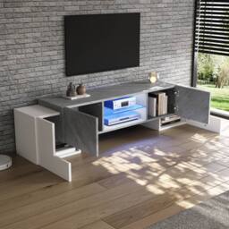 BTM LED TV Stand with 4 Doors & Open Storage, White & Grey - thumbnail 2