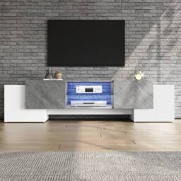 BTM LED TV Stand with 4 Doors & Open Storage, White & Grey - thumbnail 5