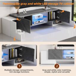 BTM LED TV Stand with 4 Doors & Open Storage, White & Grey - thumbnail 7
