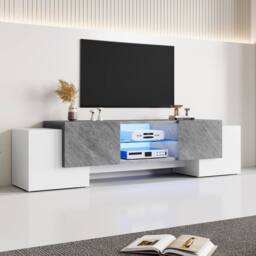 BTM LED TV Stand with 4 Doors & Open Storage, White & Grey - thumbnail 3