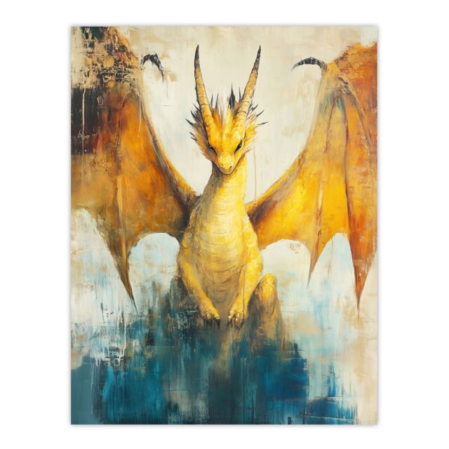 "Artery8 Yellow Dragon With Big Wings Fantasy Oil Painting Wall Art Print - Size: W24"" x H32""" - image 1