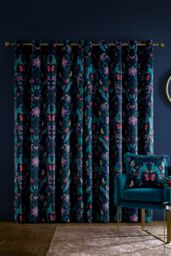 Catherine Lansfield 'Mya Tropical Floral' Lined Eyelet Curtains in Navy - Size: 168 cm width x 229 cm drop - thumbnail 2