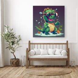 "Warren Reed - Designer Happy Dino In A Puddle Canvas - Size: W30"" x H30""" - thumbnail 1