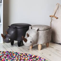 Wyld and Coco Rhino Kids Stool Hidden Storage Light Grey Faux Leather Rubberwood - thumbnail 1