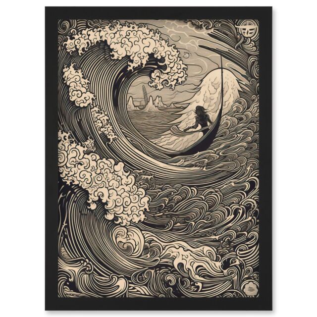 Artery8 Jonah & the Storm at Sea Modern Illustration Artwork Framed Wall Art Print A4 in Black - image 1