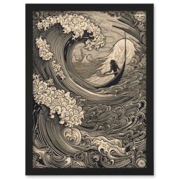 Artery8 Jonah & the Storm at Sea Modern Illustration Artwork Framed Wall Art Print A4 in Black - thumbnail 1