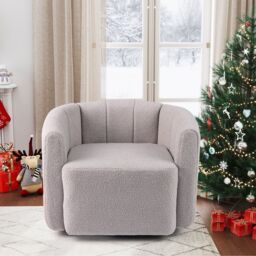Gymax Swivel Barrel Chair Upholstered Sherpa Accent Chair Pumpkin Shaped in White - thumbnail 5