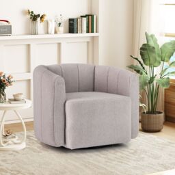 Gymax Swivel Barrel Chair Upholstered Sherpa Accent Chair Pumpkin Shaped in White - thumbnail 8