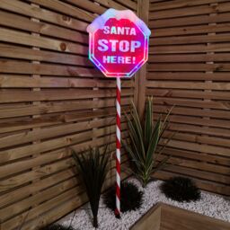 Samuel Alexander Premier Christmas Light up Santa Stop Here Garden Patio Sign 110cm in Red - thumbnail 1