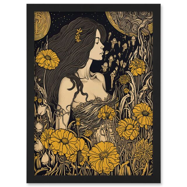 Artery8 Woman in Flower Field Midsummer Night Illustration Artwork Framed Wall Art Print A4 in Black - image 1