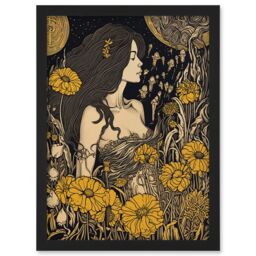 Artery8 Woman in Flower Field Midsummer Night Illustration Artwork Framed Wall Art Print A4 in Black - thumbnail 1