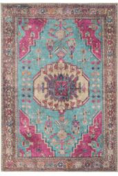 Kukoon Beige Distressed Abstract Rugs Non Slip & Washable in Teal - Size: 80 cm x 150 cm