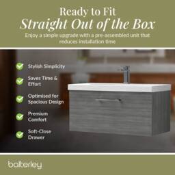 Balterley 800mm Wall Hung 1 Drawer Vanity, Woodgrain Anthracite, Pewter Handle in Grey - thumbnail 4