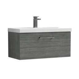 Balterley 800mm Wall Hung 1 Drawer Vanity, Woodgrain Anthracite, Pewter Handle in Grey - thumbnail 1