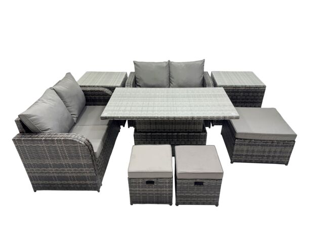 Fimous 7-seater Rattan Garden Furniture Dining Set with 2 Side Table 3 Stools in Dark Grey - image 1