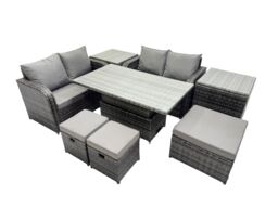 Fimous 7-seater Rattan Garden Furniture Dining Set with 2 Side Table 3 Stools in Dark Grey - thumbnail 2