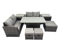 Fimous 7-seater Rattan Garden Furniture Dining Set with 2 Side Table 3 Stools in Dark Grey - thumbnail 1