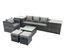 Fimous 6 Seater Patio Lounge Sofa Set with Side Table 2 Small Footstool in Dark Grey - thumbnail 2