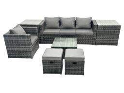 Fimous 6 Seater Patio Lounge Sofa Set with Side Table 2 Small Footstool in Dark Grey - thumbnail 1