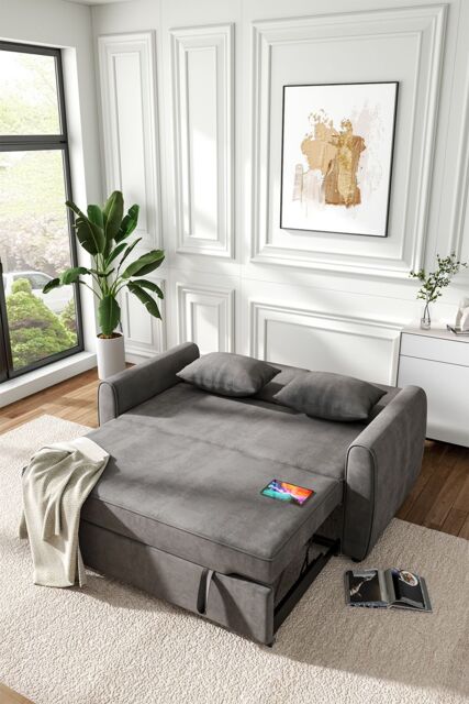 Living and Home 2 Seater Linen Convertible Sofa Pull Out Sofa Bed with Pillows in Dark Grey - image 1
