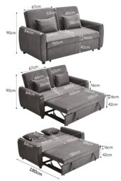 Living and Home 2 Seater Linen Convertible Sofa Pull Out Sofa Bed with Pillows in Dark Grey - thumbnail 3