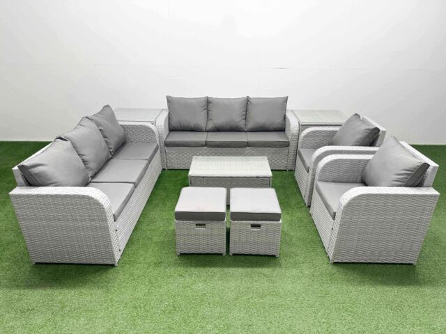 Fimous PE Rattan High Back Lounge Sofa Set Patio Coffee Table & Chairs Set with 3 Seater Sofa Reclining Chair Stools 2 Side Table Light Grey - image 1