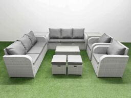 Fimous PE Rattan High Back Lounge Sofa Set Patio Coffee Table & Chairs Set with 3 Seater Sofa Reclining Chair Stools 2 Side Table Light Grey - thumbnail 2